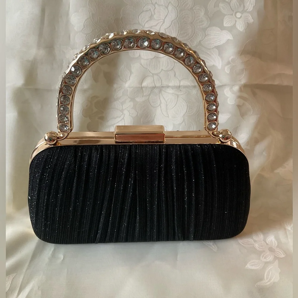YYW Elegant Black Clutch with Rhinestone Handle and Clasp. NWT